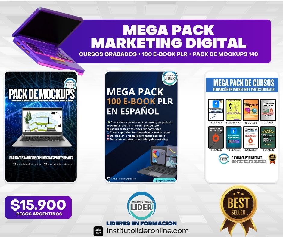 MEGA PACK DE MARKETING DIGITAL (CURSOS GRABADOS -100 E-BOOK PLR- MOCKUPS EDITABLES
